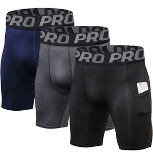 LANBAOSI Mens Compression Shorts with Phone Pocket Multi Color 3 Pack - NWT